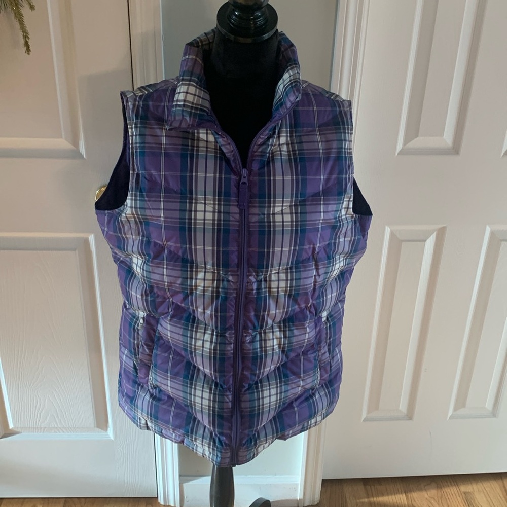 Lands End Purple Plaid Down Vest- Size Large Tall